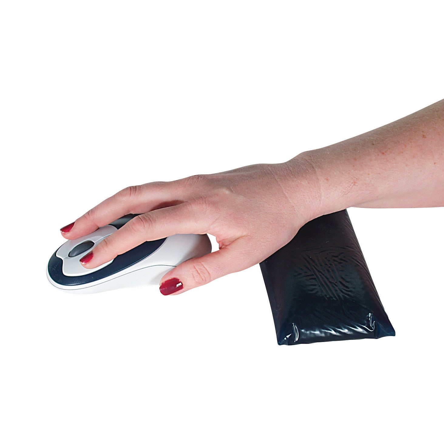 A hand using a computer mouse with the AliMed Cleanable Mouse Support positioned under the wrist for ergonomic support.