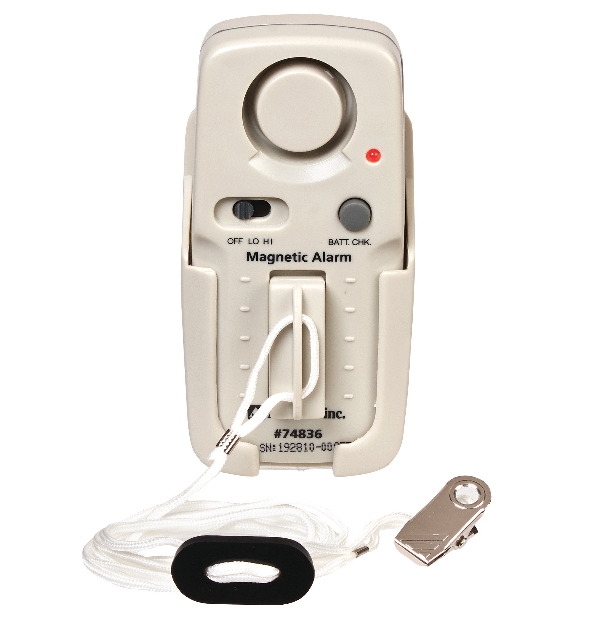 AliMed Basic Magnetic Pull Cord Alarm with off/low/high switch, a red indicator light, and attached cord with a clip.