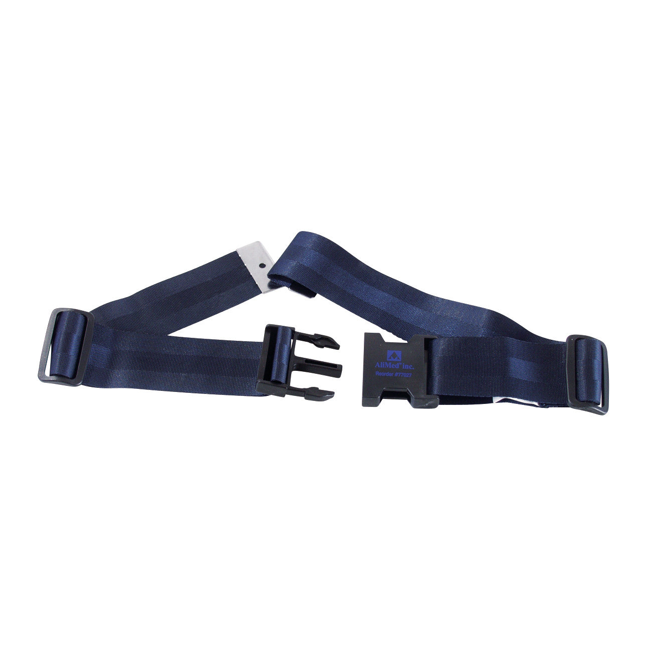 A navy blue AliMed Seatbelt with adjustable straps and a plastic buckle, designed for secure fastening.