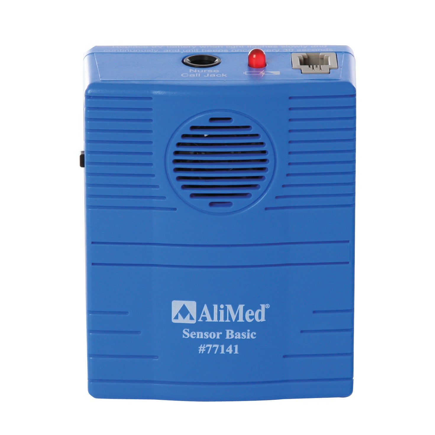 Blue AliMed Basic Sensor Alarm with speaker, red indicator light, and nurse call jack on top. Model number #77141 visible.