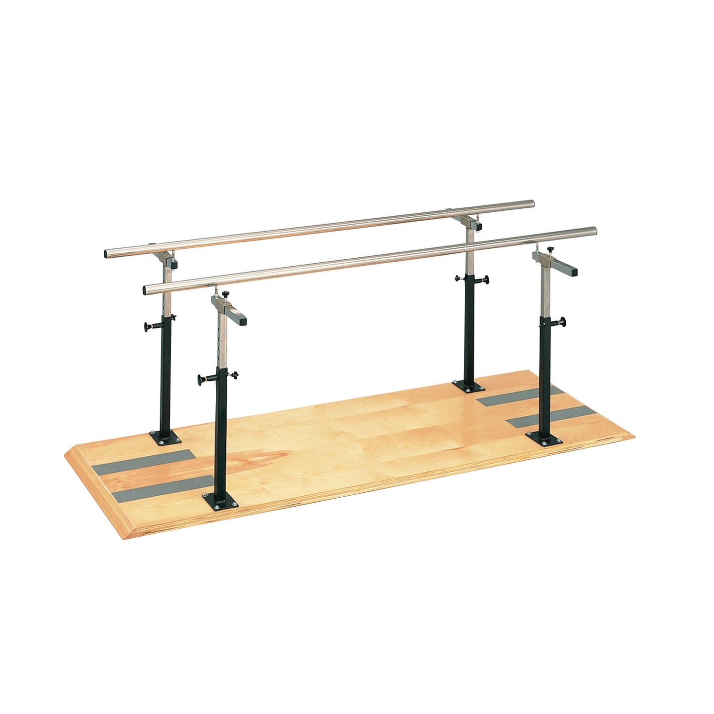 Clinton Parallel Bars on a wooden platform with adjustable metal rails and sturdy vertical supports.