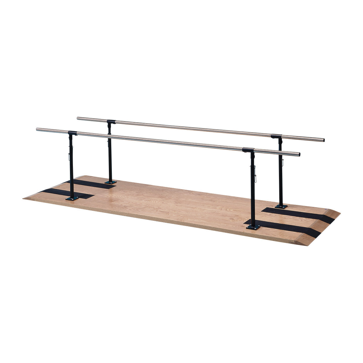 Hausmann Economy Parallel Bars are mounted on a wooden platform with adjustable metal handrails for therapeutic use.