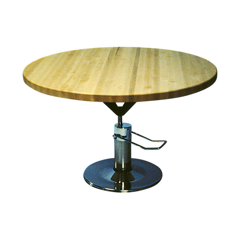 Circular Hi-Lo Worktable with a wooden top and adjustable metal base, featuring a foot pedal for height adjustments.