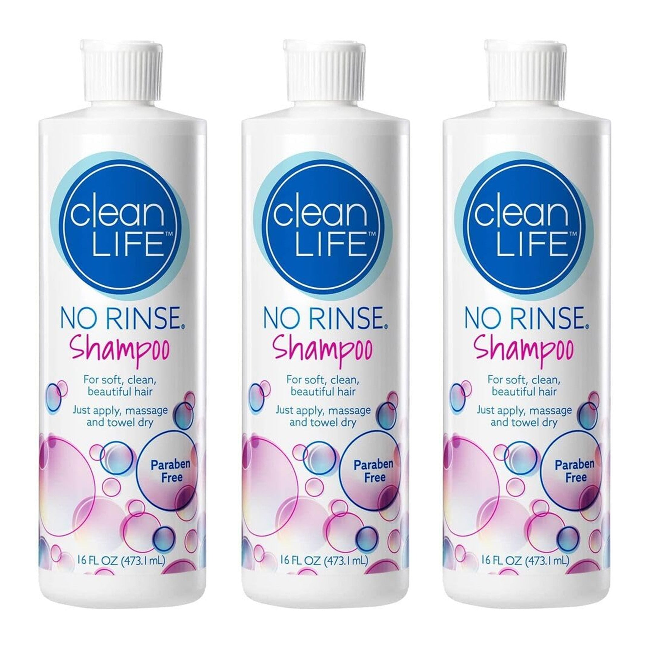 Three bottles of Clean Life No Rinse Shampoo, each labeled as 16 fl oz, paraben-free, for soft, clean hair with no rinsing needed.