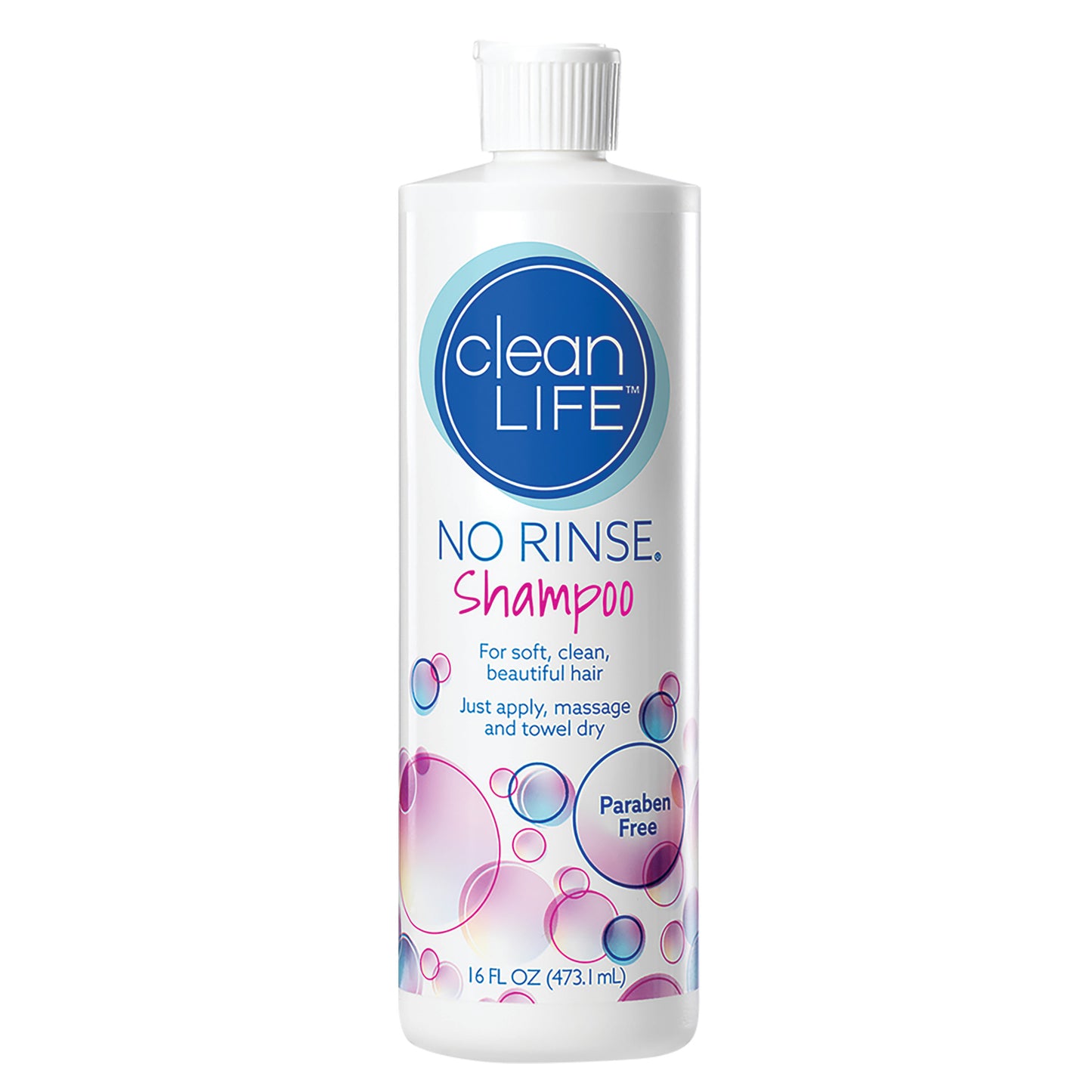 A bottle of Clean Life No Rinse Shampoo, 16 fl oz. The label highlights it as paraben-free, with bubbles as background design.