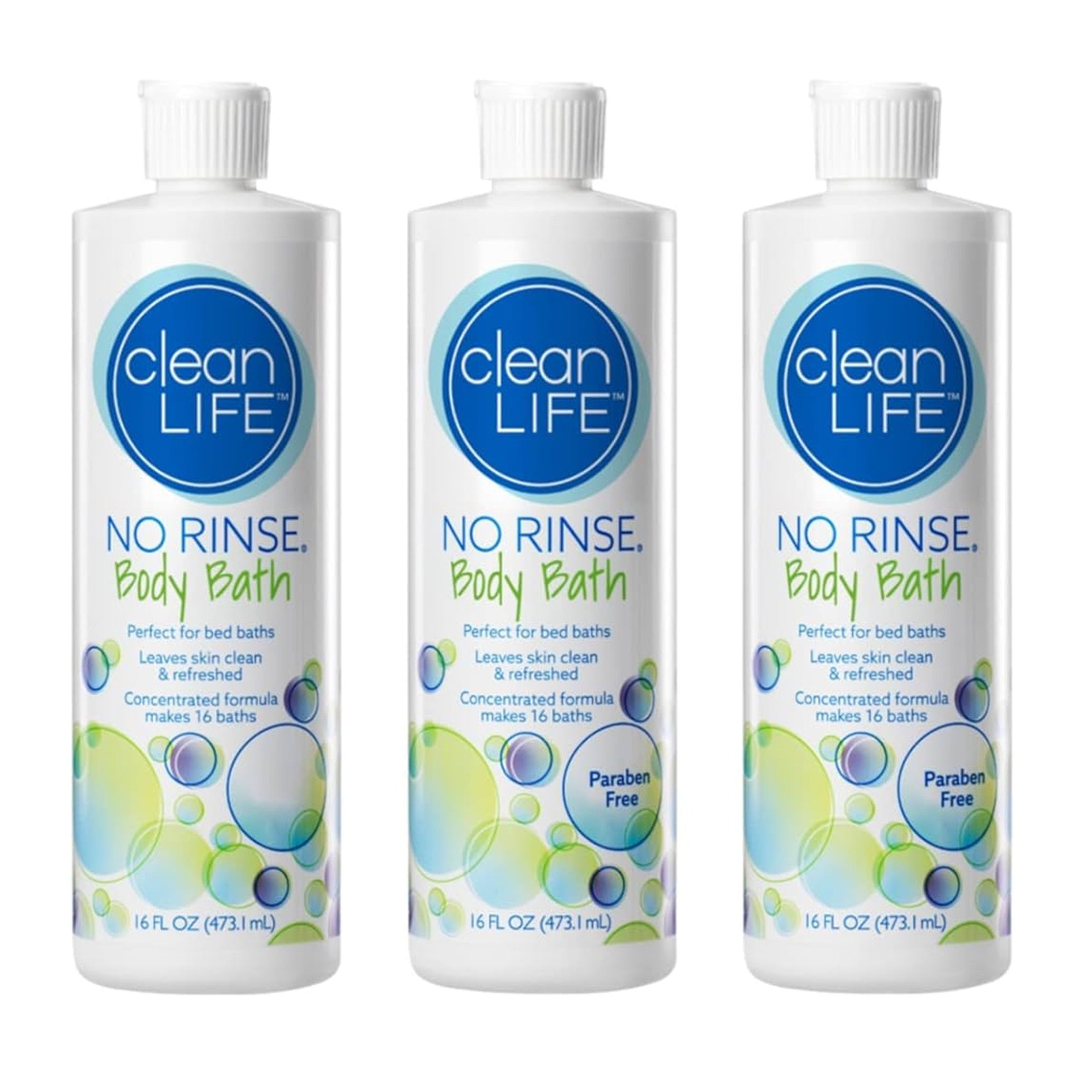 Three bottles of "No Rinse Body Bath" with blue and green labels, each containing 16 fl oz. They are labeled "Paraben Free."