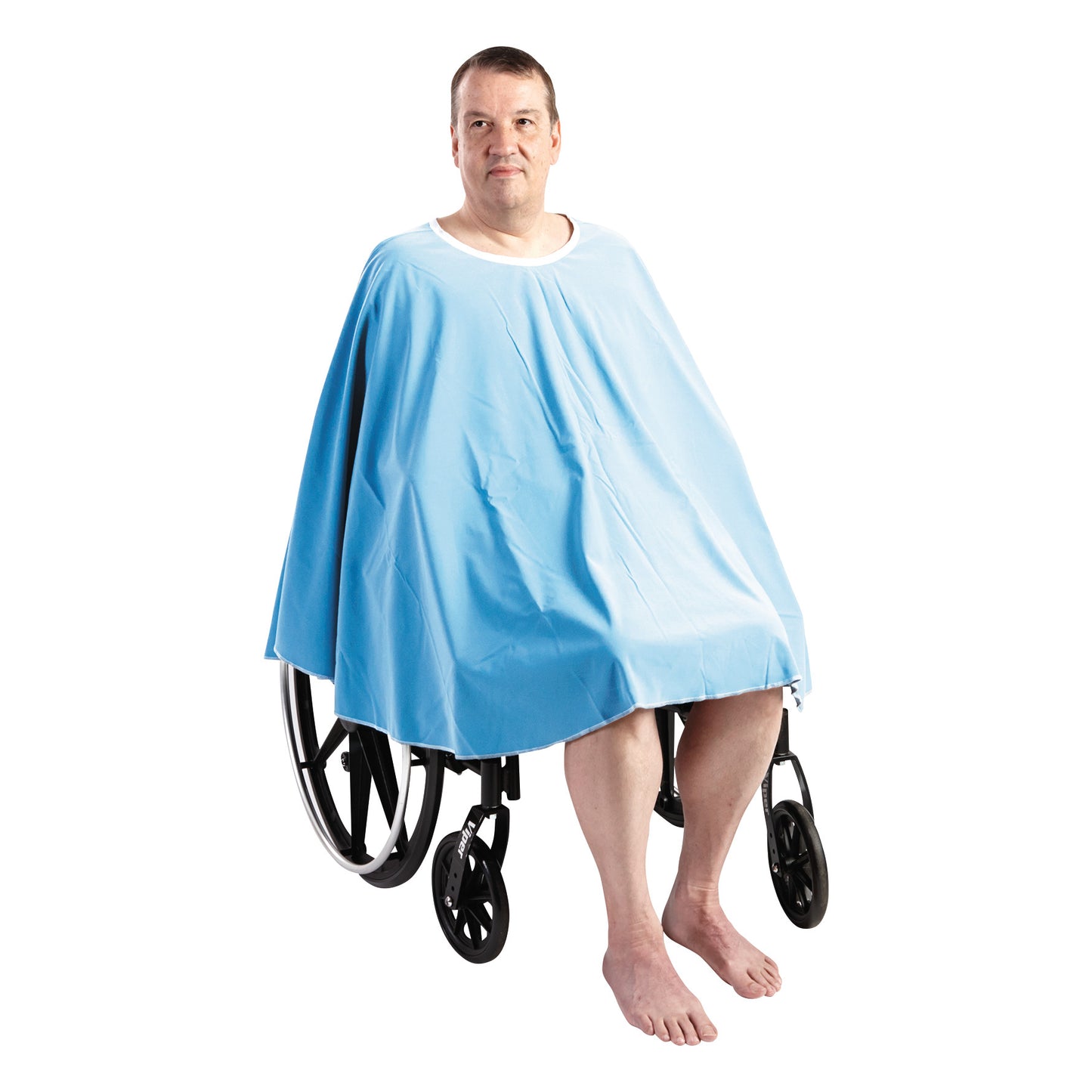 A person in a wheelchair wearing an AliMed Shower Poncho. The poncho is light blue and covers the upper body and lap.