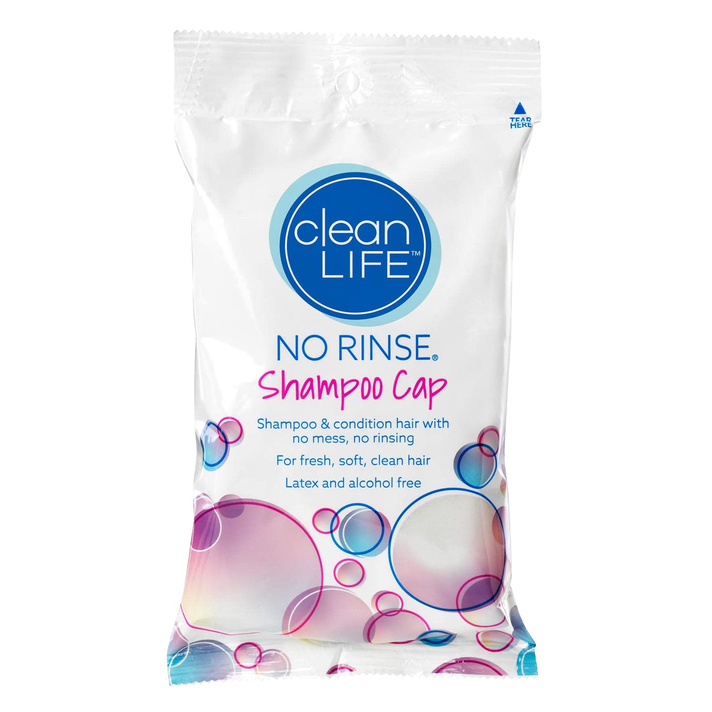 A package of "No Rinse Shampoo Cap" by Clean Life, featuring colorful bubbles and text stating it's latex and alcohol-free.