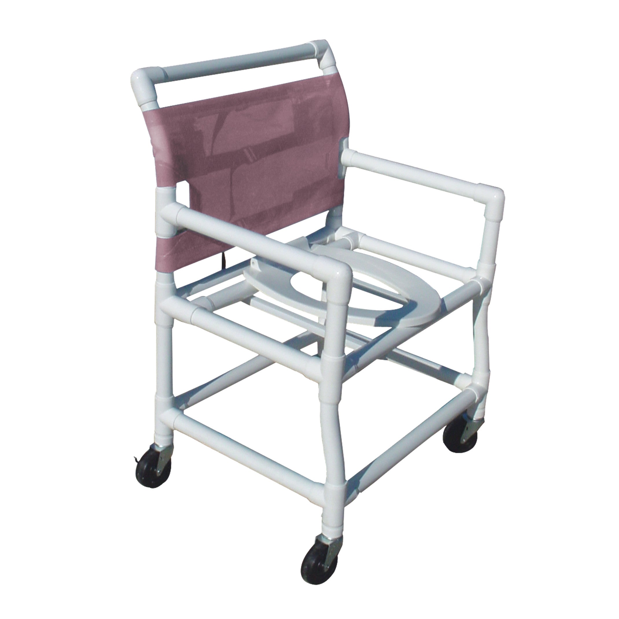 Healthline Extra-Wide Shower Commode Chair features a white PVC frame with a maroon fabric backrest and four caster wheels.