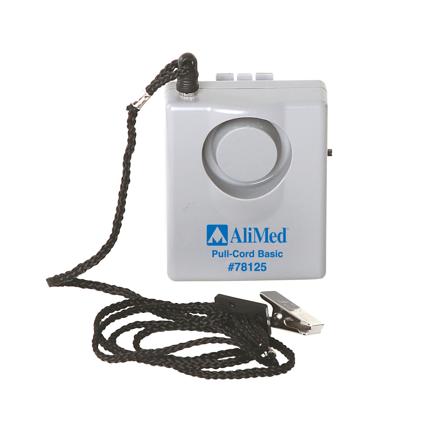 Gray AliMed Basic Pull Cord Alarm with a pull cord and metal clip, featuring a central speaker area and labeled with model #78125.