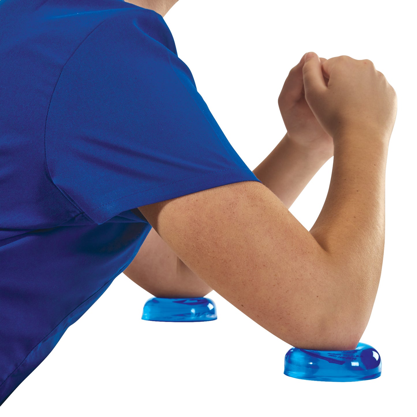 A person rests their elbows on AliMed AliBlue Gel Ulnar Nerve Pads, wearing a blue shirt, against a white background.