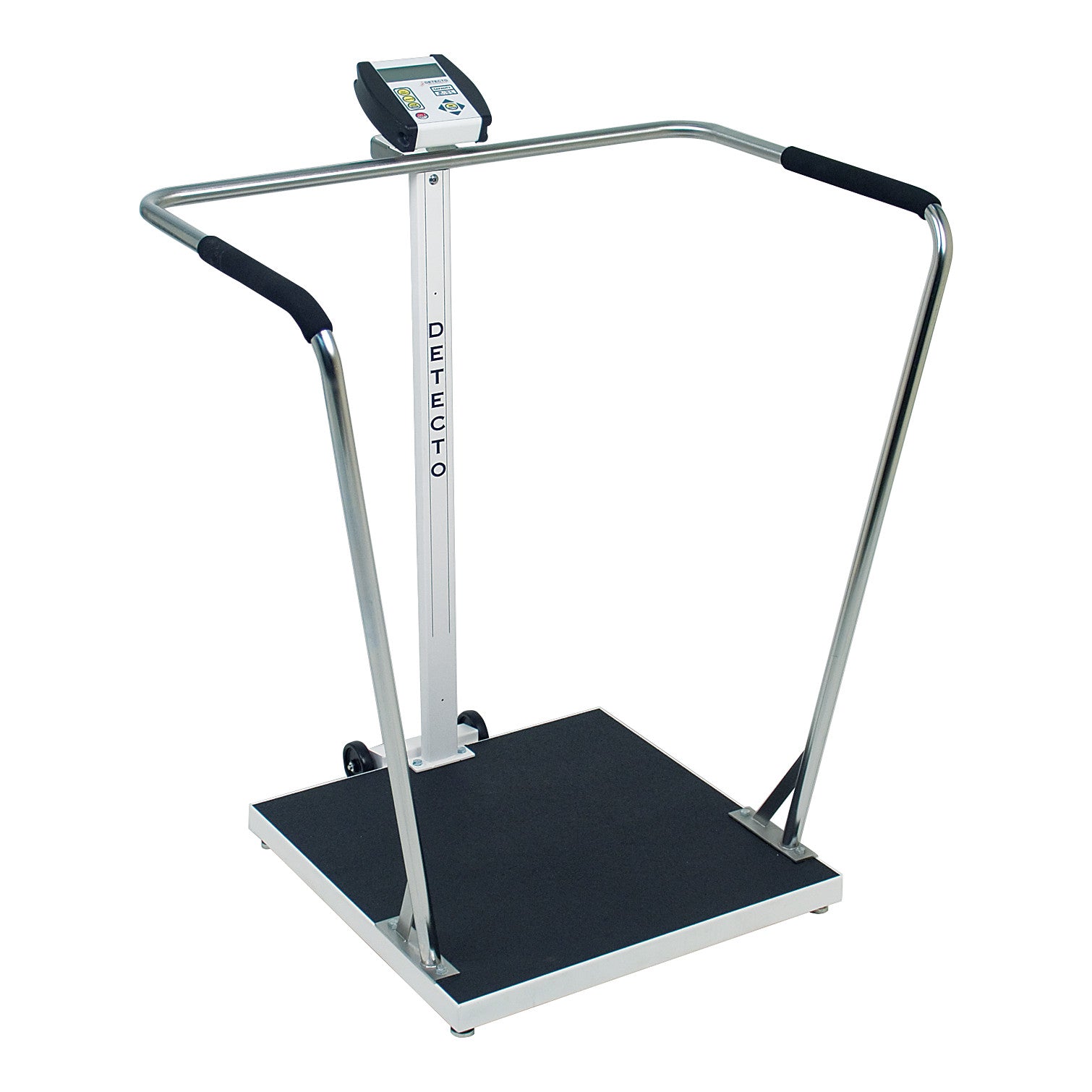 A DETECTO Handrail Stand-On Scale with a digital display and support railings on a sturdy square platform.