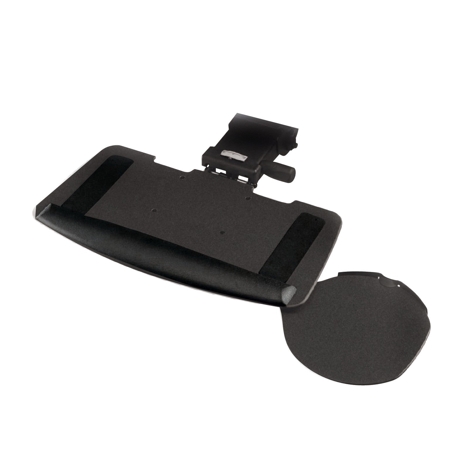 NG2 Keyboard Tray with a large black surface, attached wrist pad, and a circular mouse pad extension on the side.