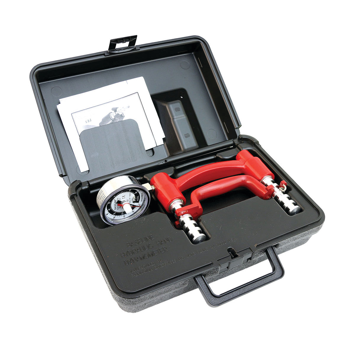 Open black case containing a Baseline Lite Hand Dynamometer with a red handle and dial gauge, alongside instruction papers.