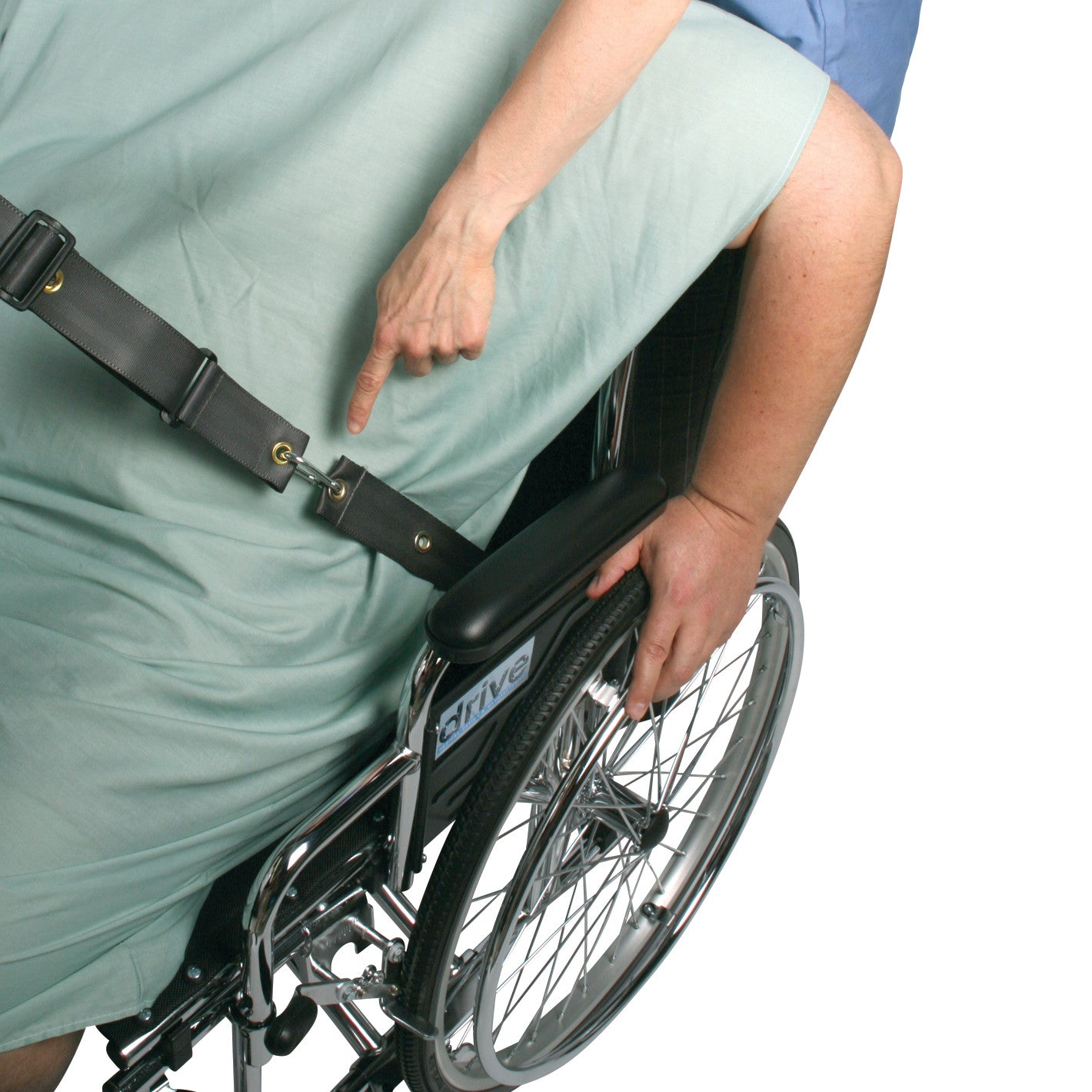 A person demonstrates the Bariatric Seatbelt Extender for AliMed Buckled Seatbelt on a wheelchair, highlighting its attachment.