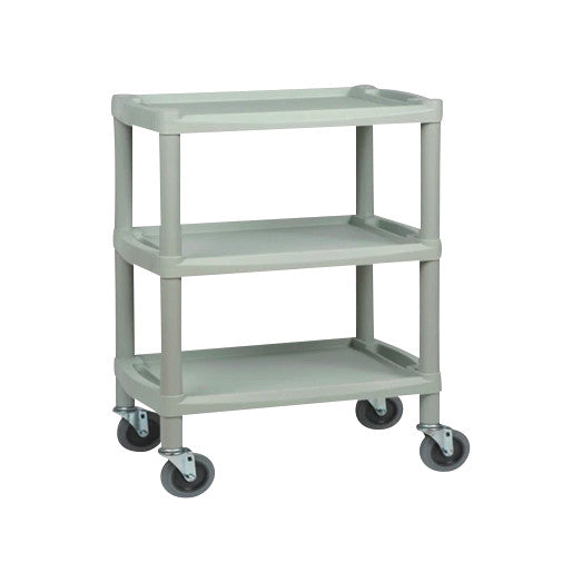 Mettler Electronics 3-Shelf Mobile Cart, gray, with three rectangular trays and four caster wheels for easy mobility.
