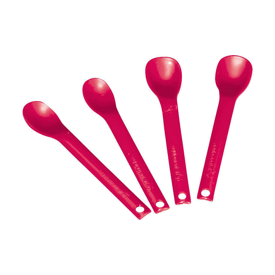 Four ARK Maroon Spoons are displayed, showcasing their vibrant red color and ergonomic design with hole in the handle.