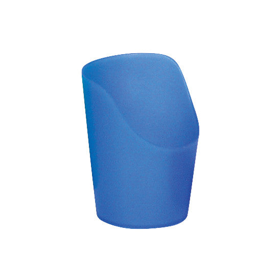 A blue Flexi-Cut Cup with a slanted opening designed to assist with drinking.