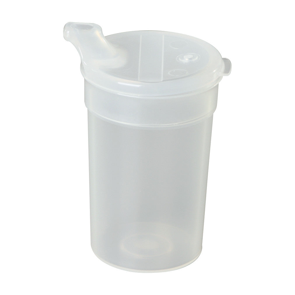 A translucent Flo-Trol Vacuum Cup with a spill-proof lid and spout, designed for easy drinking.