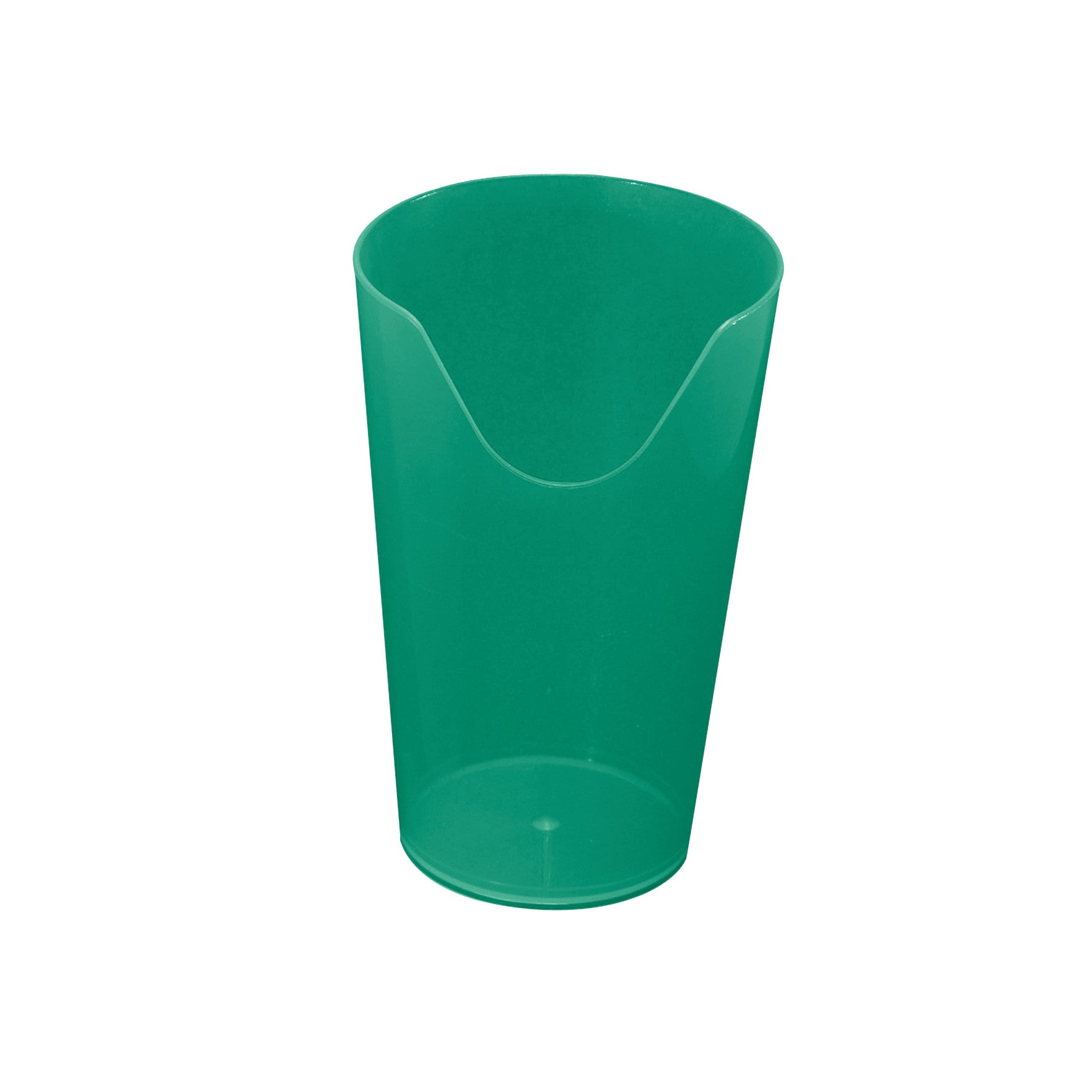 A green plastic Nosey Cutout Cup with a notch on one side, designed for easier drinking without tilting the head back.