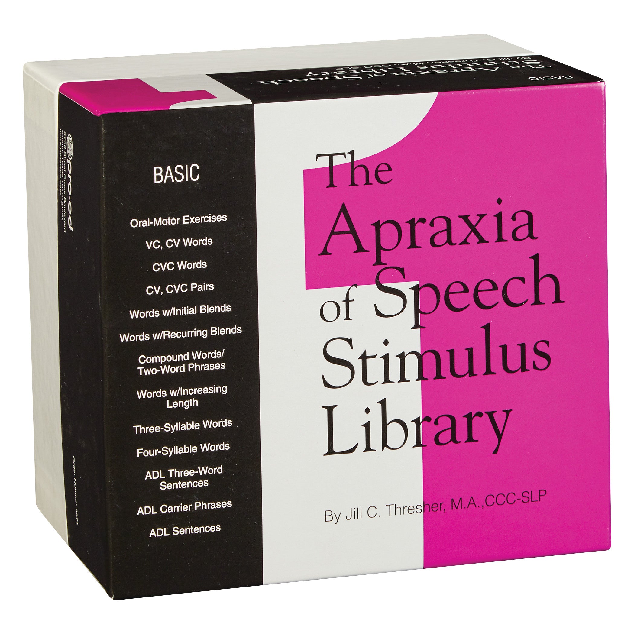 Box of "The Apraxia of Speech Stimulus Library" by Jill C. Thresher, featuring exercises and word blends for speech therapy.