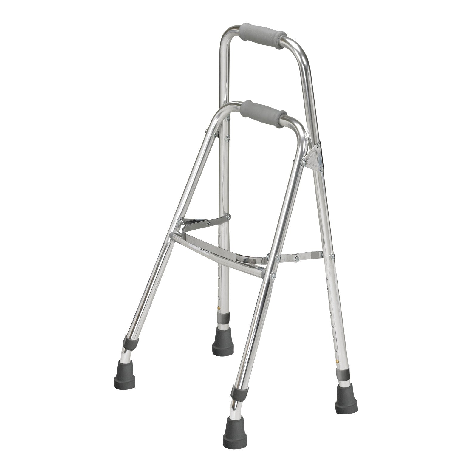 A Side Walker with a silver metal frame, gray rubber hand grips, and four rubber-capped legs for stability is shown.