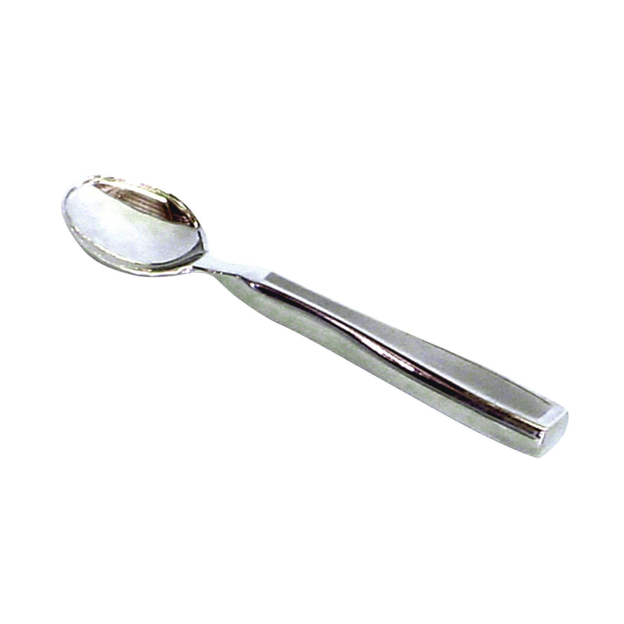 A silver spoon with a thick handle, designed as part of Weighted Utensils to assist with stability and ease of use.