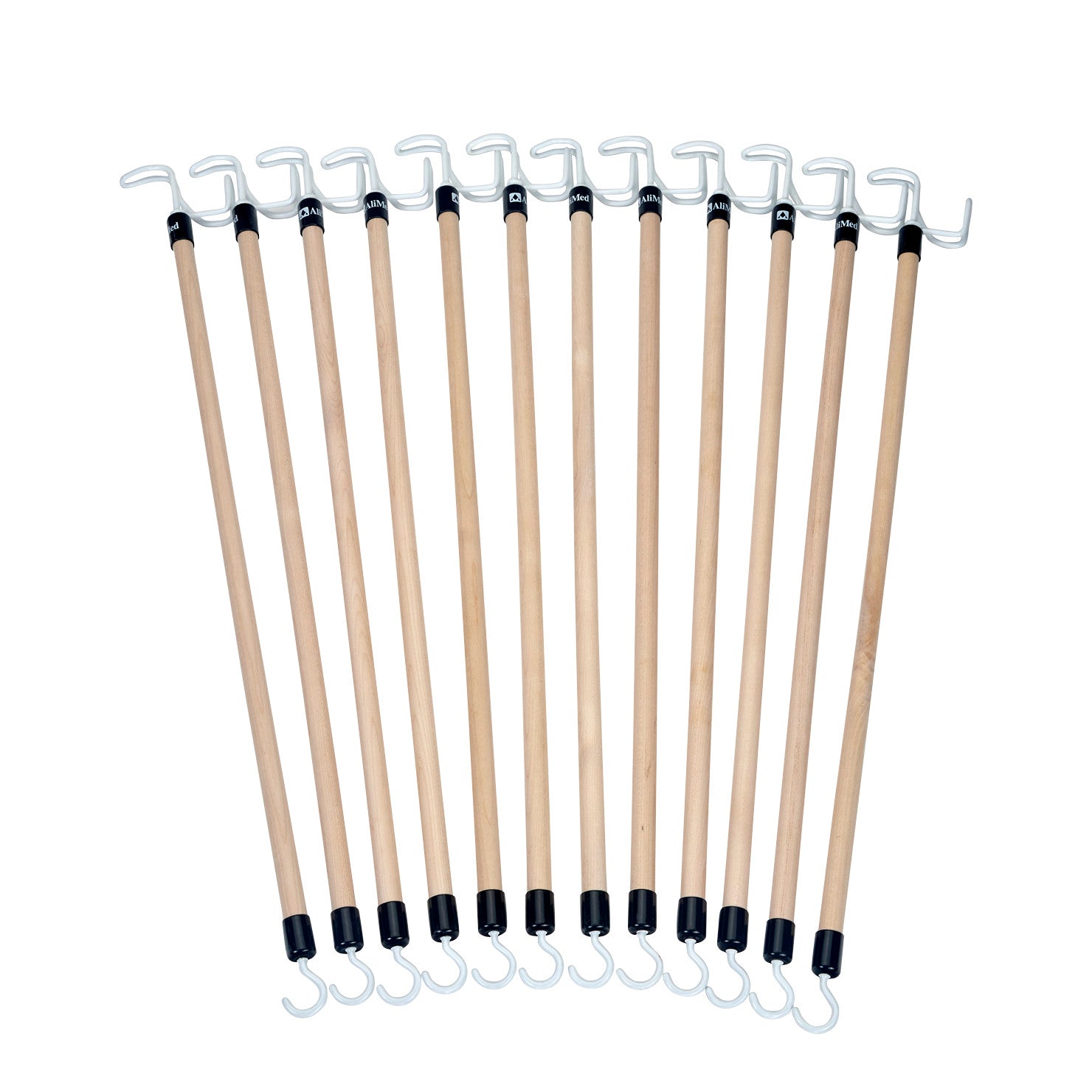 Twelve Big Hook Dressing Sticks are arranged in a fan shape. They have wooden handles and metal hooks on each end.