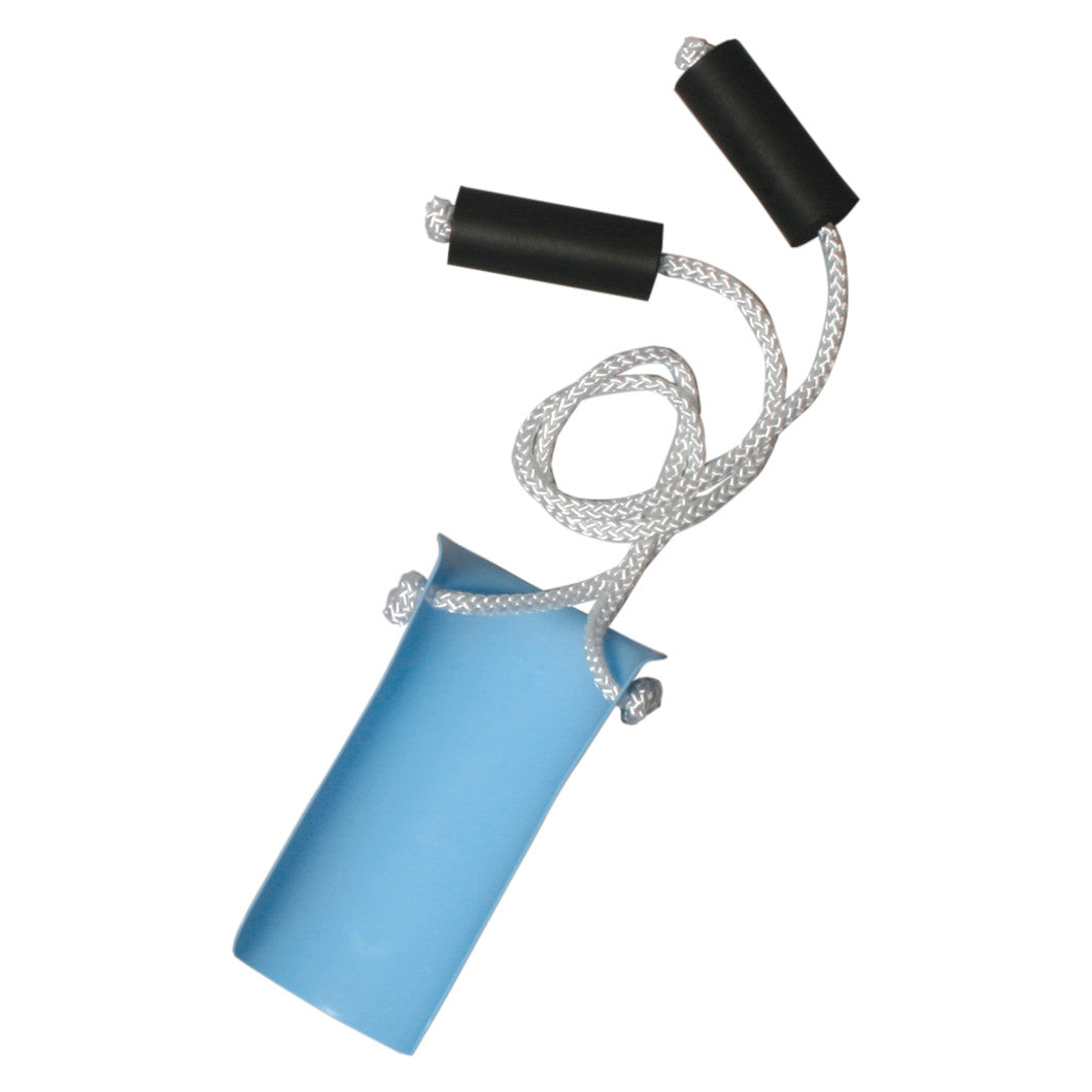 AliMed Double-Cord Sock Aid with Foam Handles features a blue plastic frame and two white cords with black foam handles.
