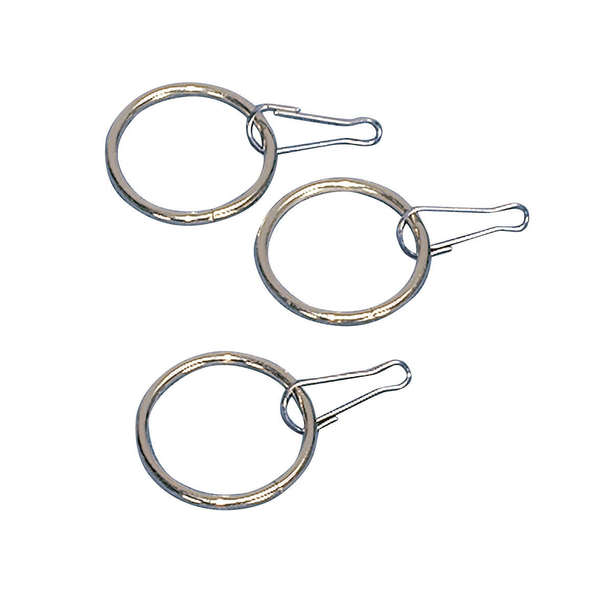 Three silver "Zipper Pull Ring" clips with round rings and attached metal hooks, arranged on a white background.