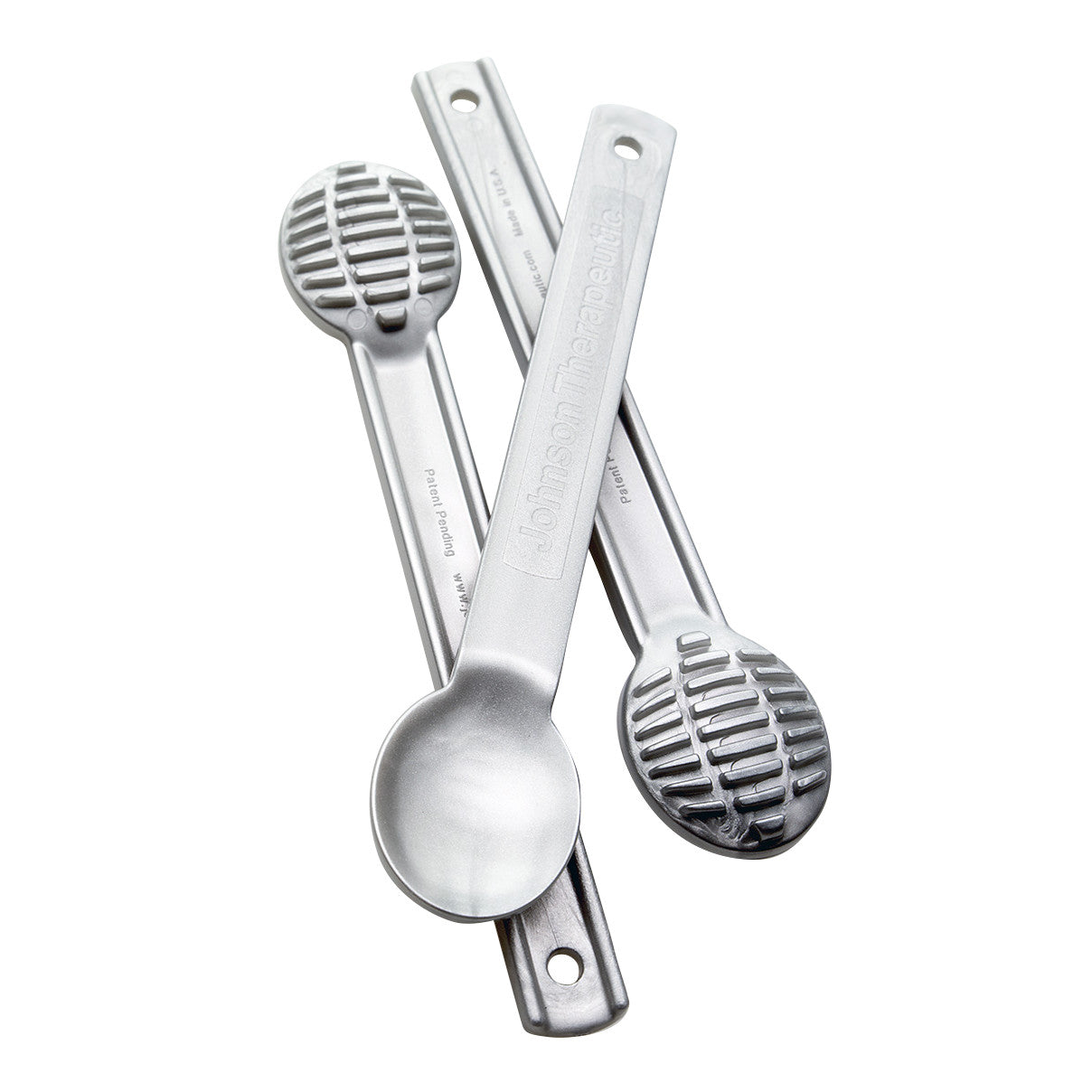 Three metal Textured Spoons with grid-like patterns and engraved text are arranged in an overlapping manner.