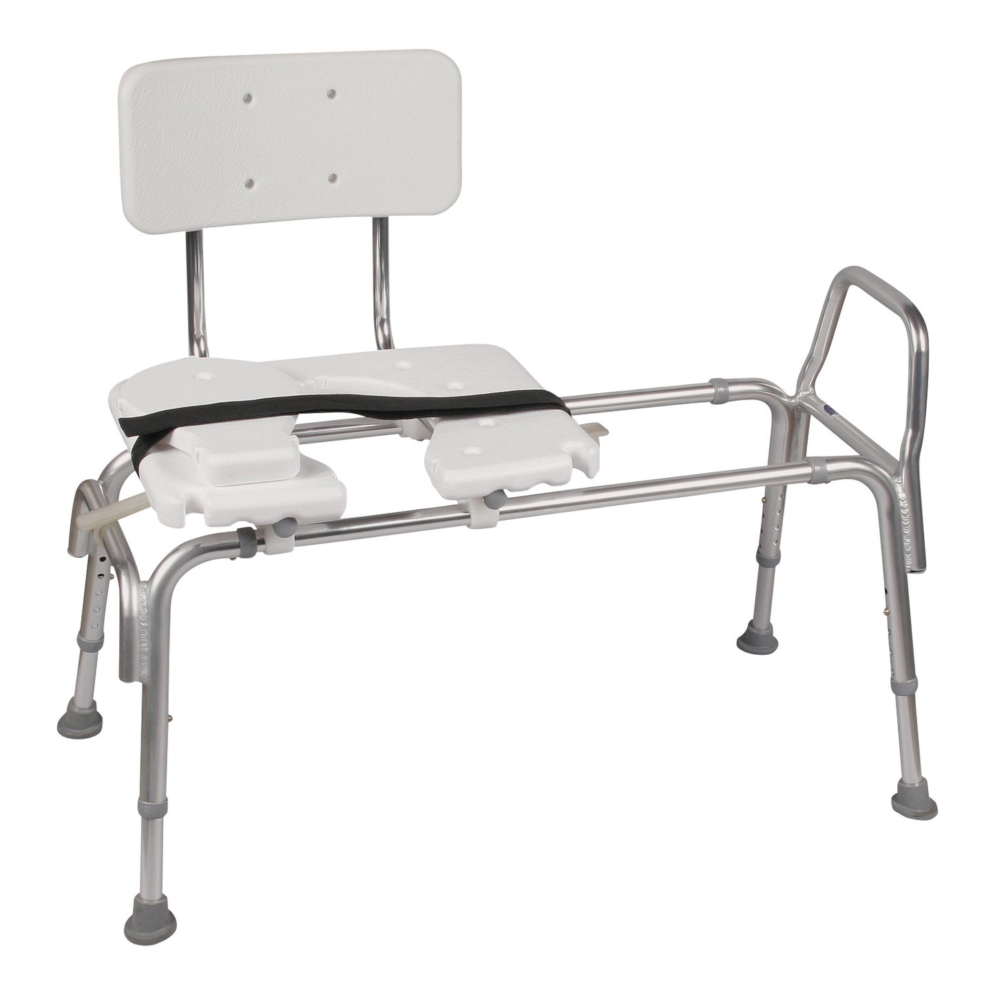 Snap-n-Save Heavy-Duty Sliding Transfer Bench with a white seat, backrest, metal frame, and an adjustable black strap.