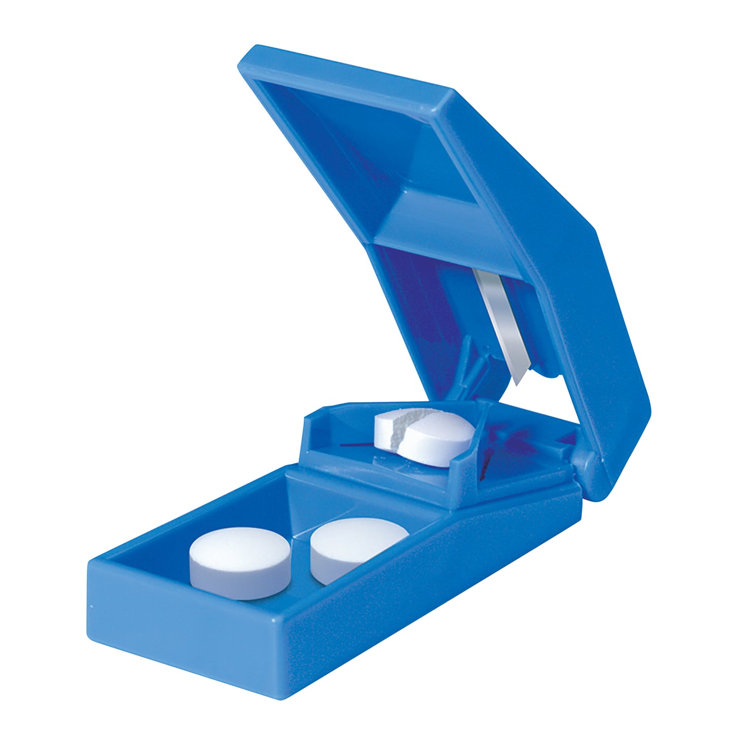 A blue Pill Splitter with an open lid, showing tablets inside and a blade for cutting pills.