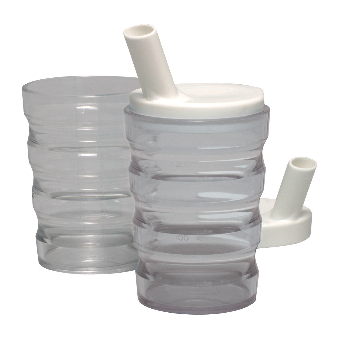 AliMed Rika Sure-Grip Cup, transparent with a ribbed design, features a white lid and spout for easy drinking.