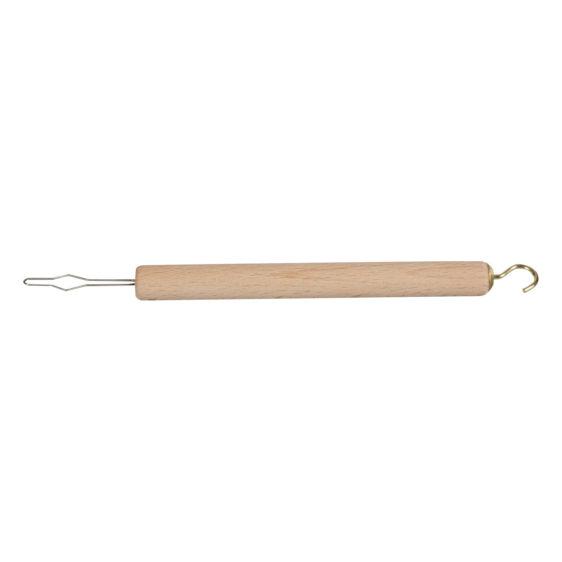 A Button Hook/Zipper Pull Combo with a wooden handle, metal hook on one end, and a wire loop on the other end, used for dressing.