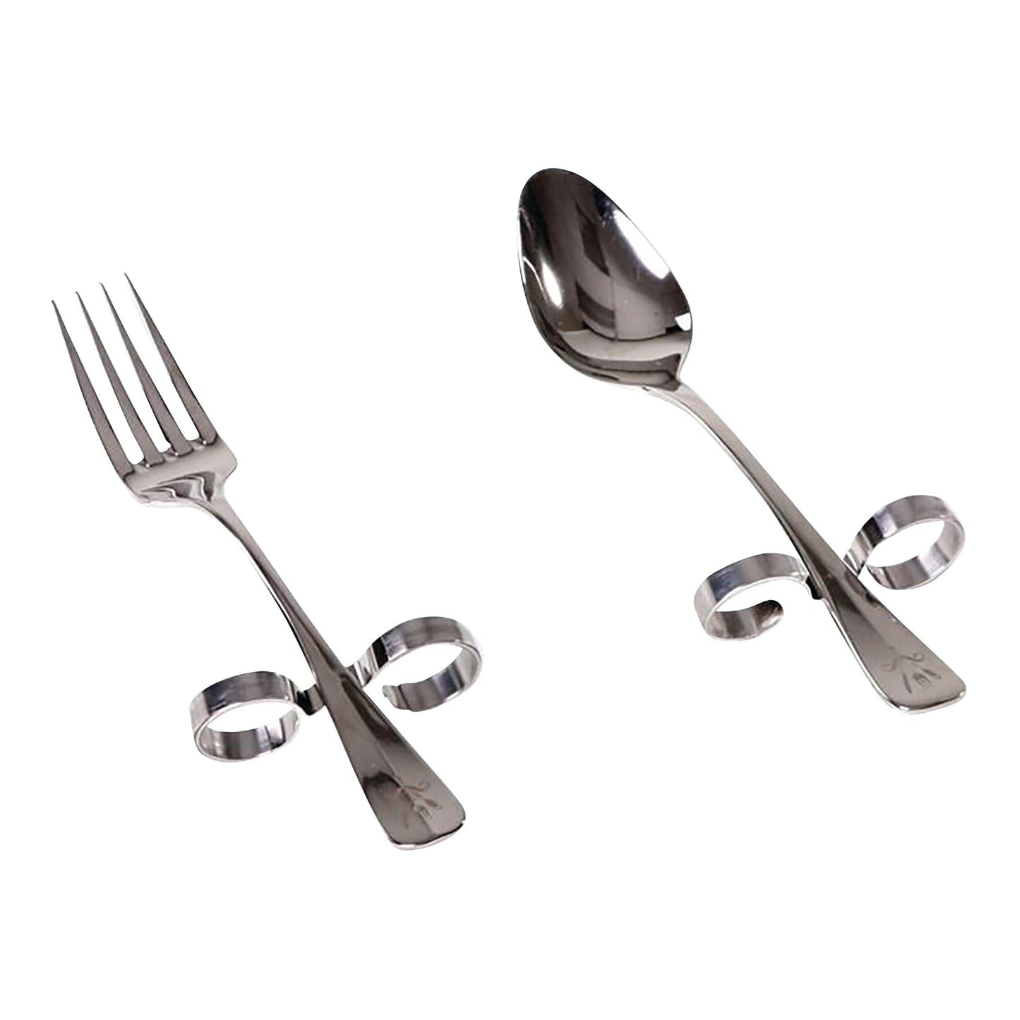 Dining with Dignity Flatware featuring a fork and spoon with unique looped handles for easier grip and control.
