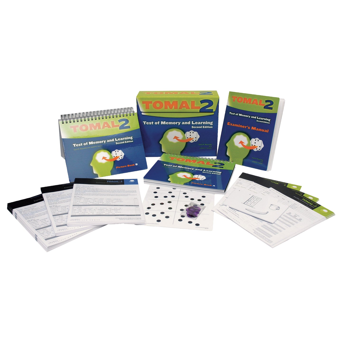 TOMAL-2: Test of Memory and Learning, 2nd Ed. includes manuals, picture books, worksheets, and test materials on a surface.