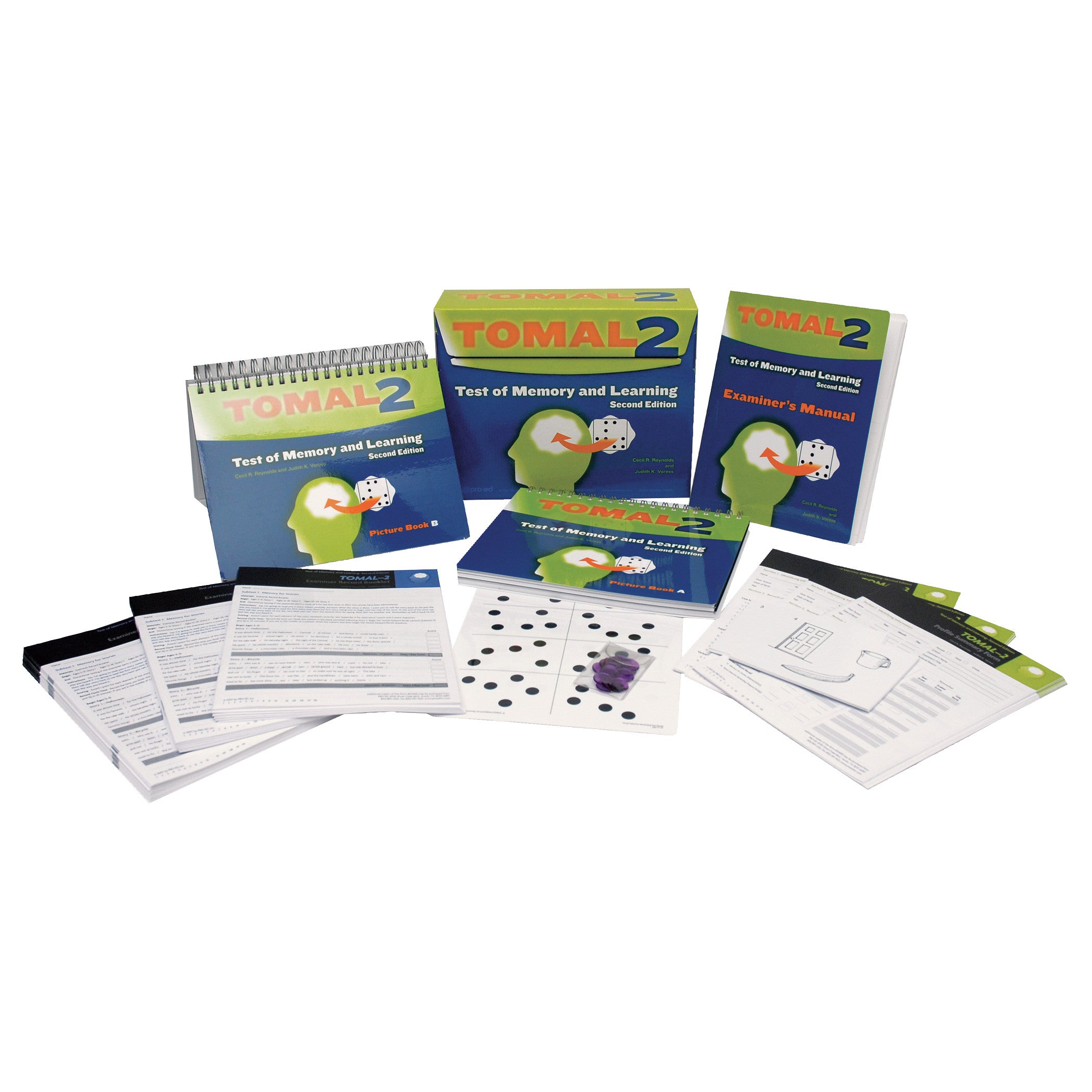 TOMAL-2: Test of Memory and Learning, 2nd Ed. includes manuals, picture books, worksheets, and test materials on a surface.