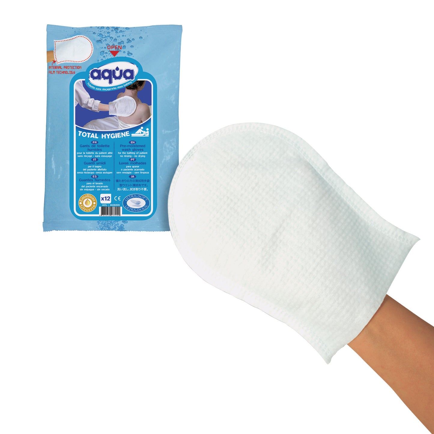 Aqua Pre-Moistened Total Hygiene Wash Glove package and glove shown on a hand against a white background.