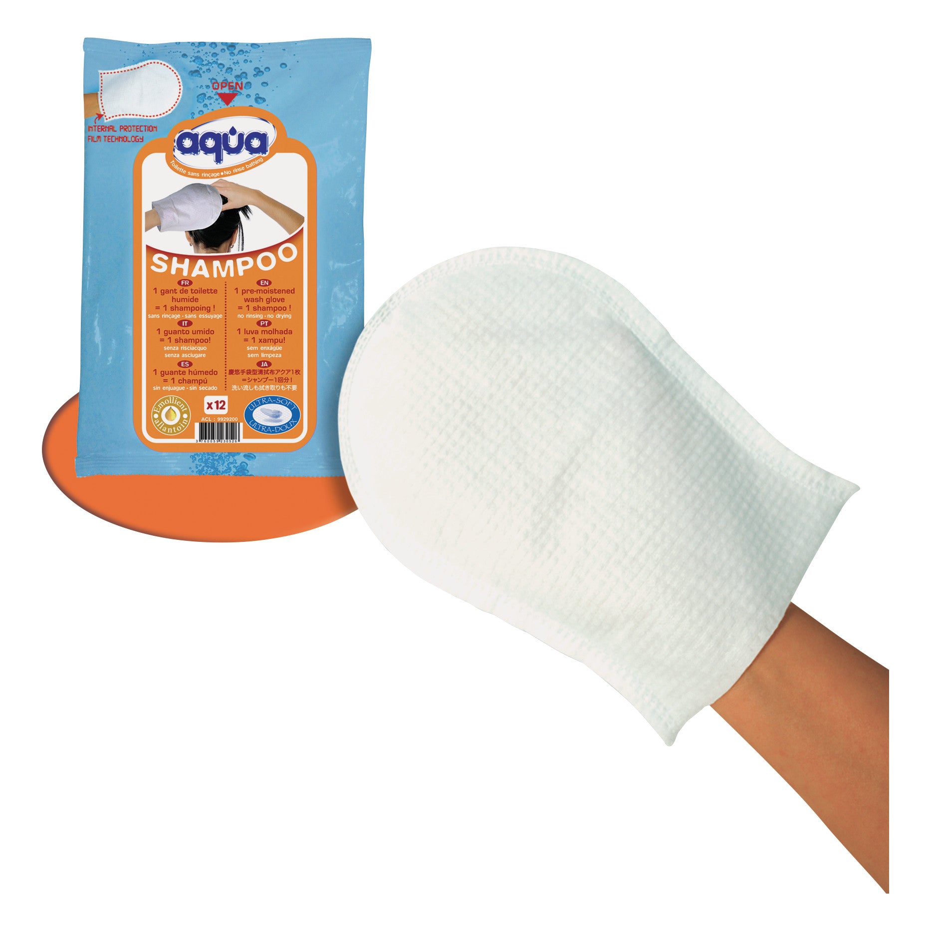Aqua Pre-Moistened Shampoo Glove shown on a hand, with its packaging displayed in the background.