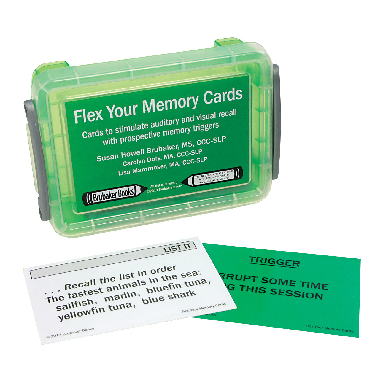 A green box labeled "Flex Your Memory Cards" is shown with two cards. One card lists sea animals; the other reads "TRIGGER."