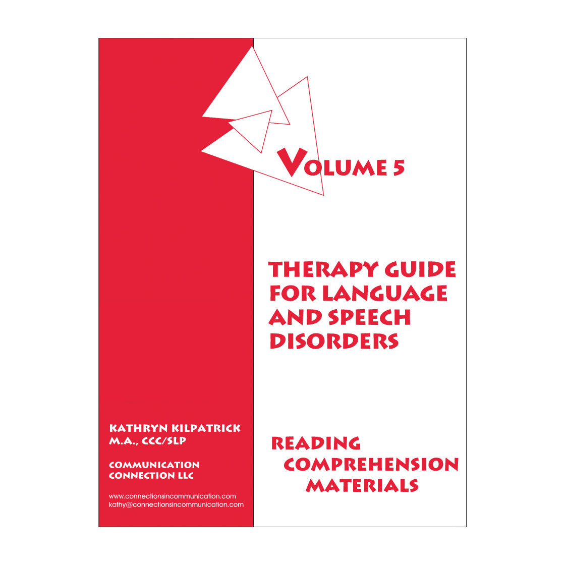 Cover of "Reading Comprehension Materials, Vol. 5" by Kathryn Kilpatrick, a therapy guide for language and speech disorders.