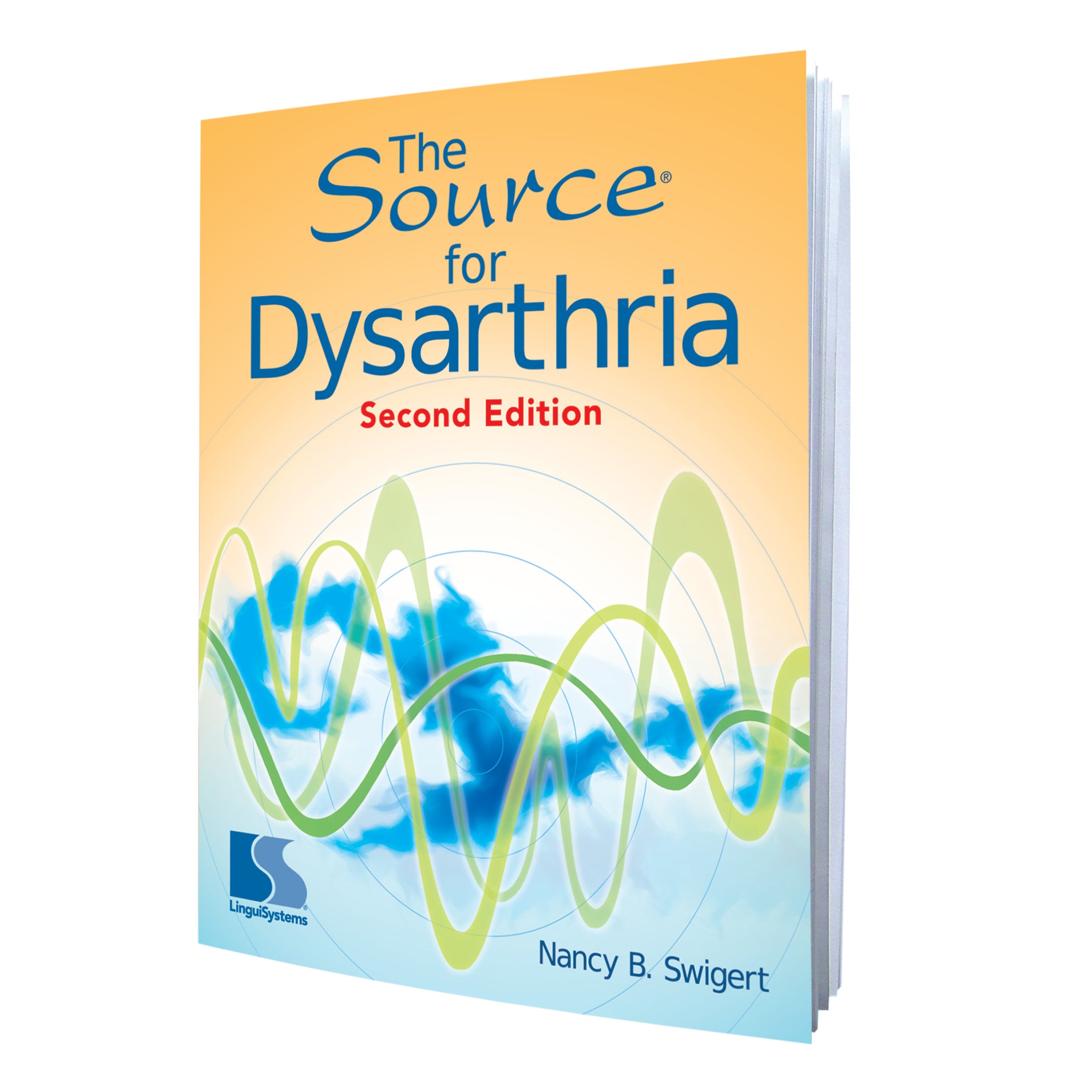 "The Source for Dysarthria, 2nd Ed." book cover with yellow background and abstract wave design. Author: Nancy B. Swigert.