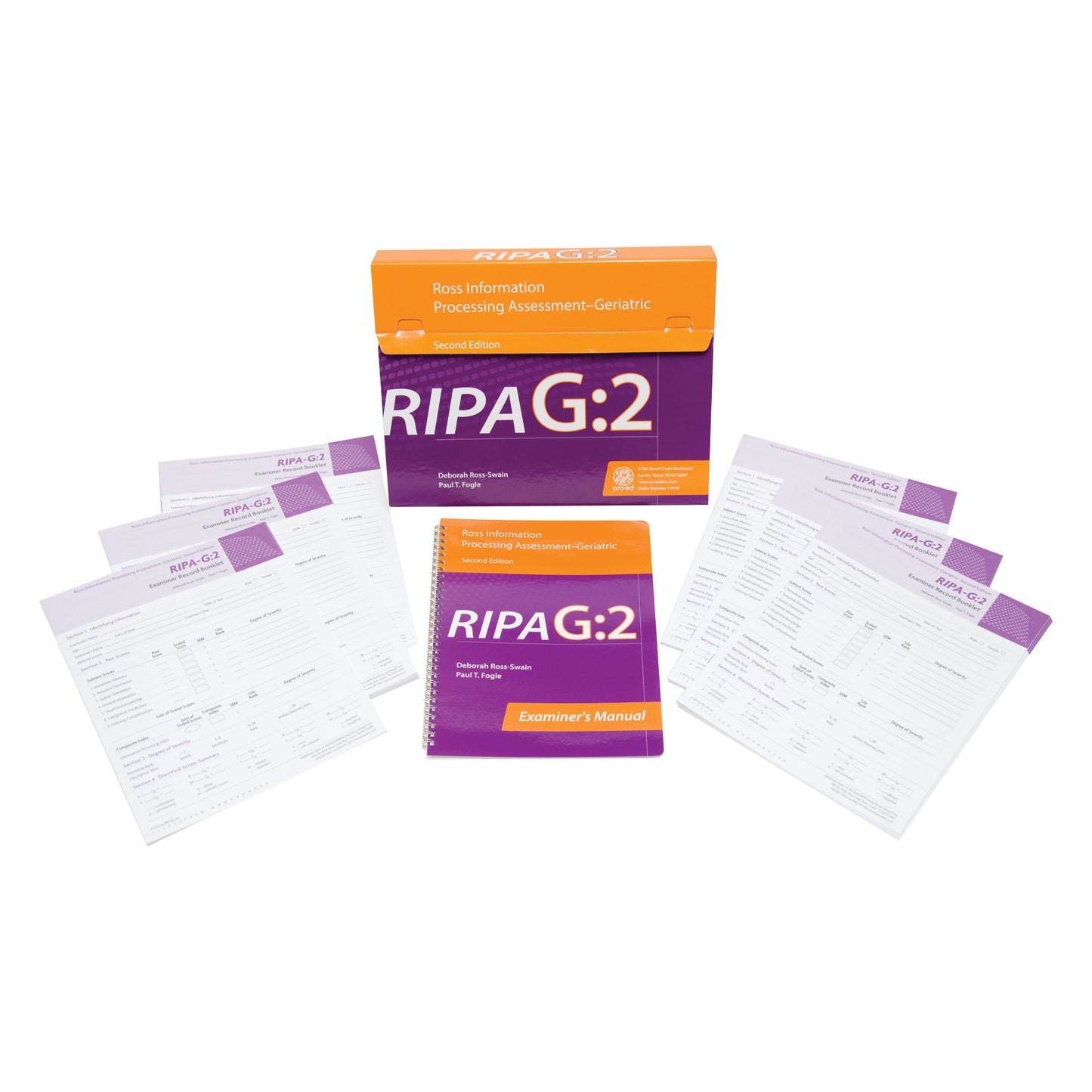 Examiner Record Booklets for Ross Information Processing Assessment-Geriatric, 2nd Ed. (RIPA-G2), with a manual and box.