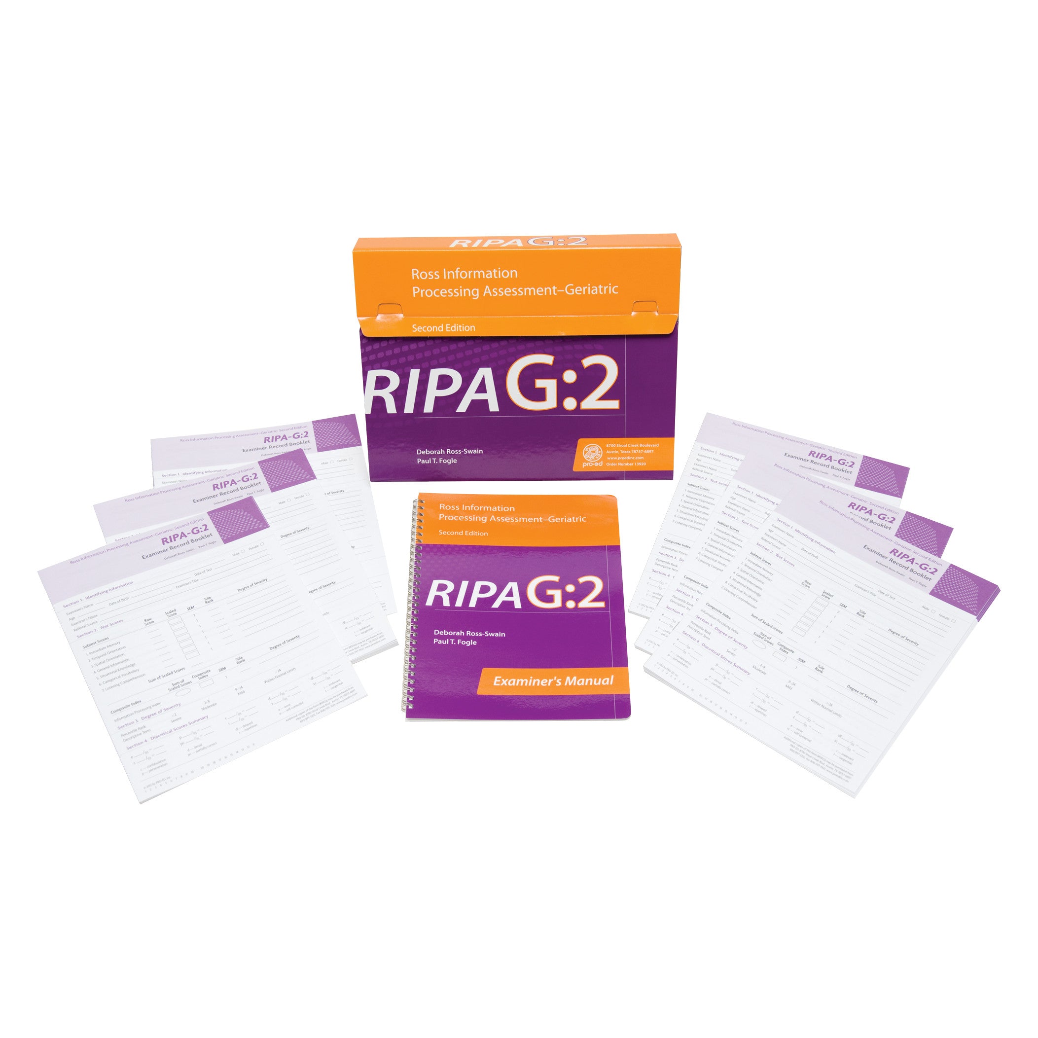 Examiner Record Booklets for Ross Information Processing Assessment-Geriatric, 2nd Ed. (RIPA-G2), with a manual and box.