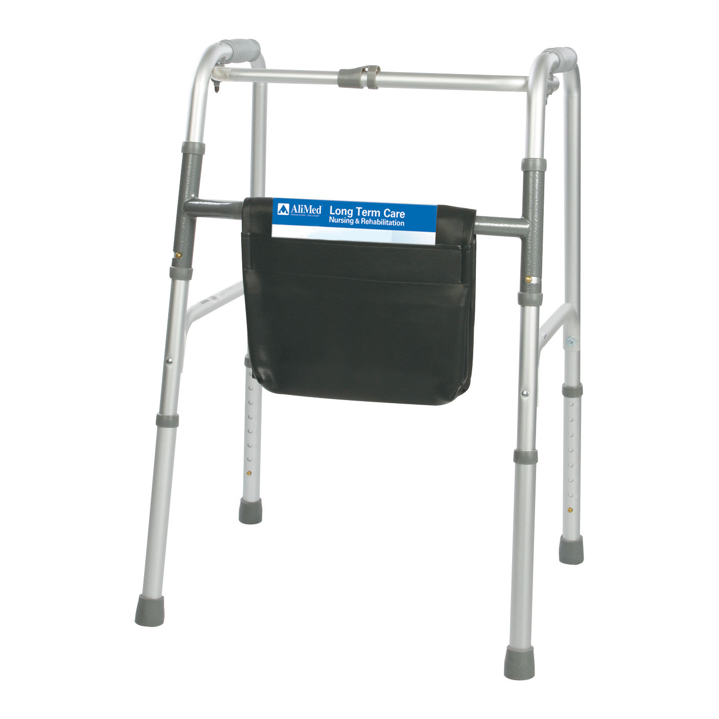 Silver walker with a black Walker Carry Bag attached, featuring handles and adjustable legs.