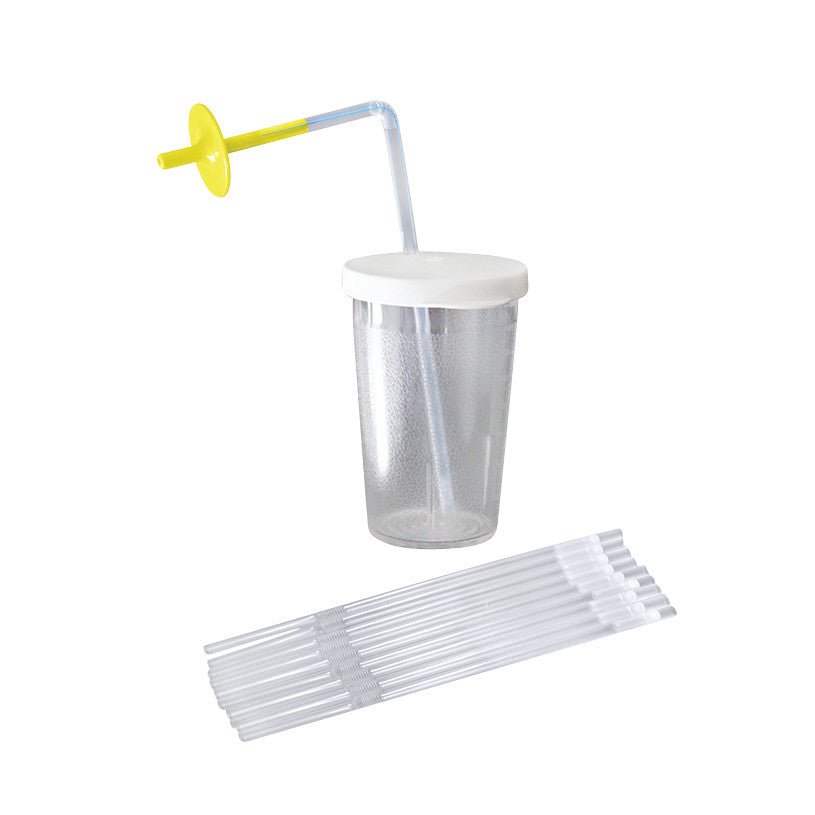 ARK's Sip-Tip Cup, a transparent cup with a white lid, features a flexible straw and a yellow valve. Additional straws are shown.