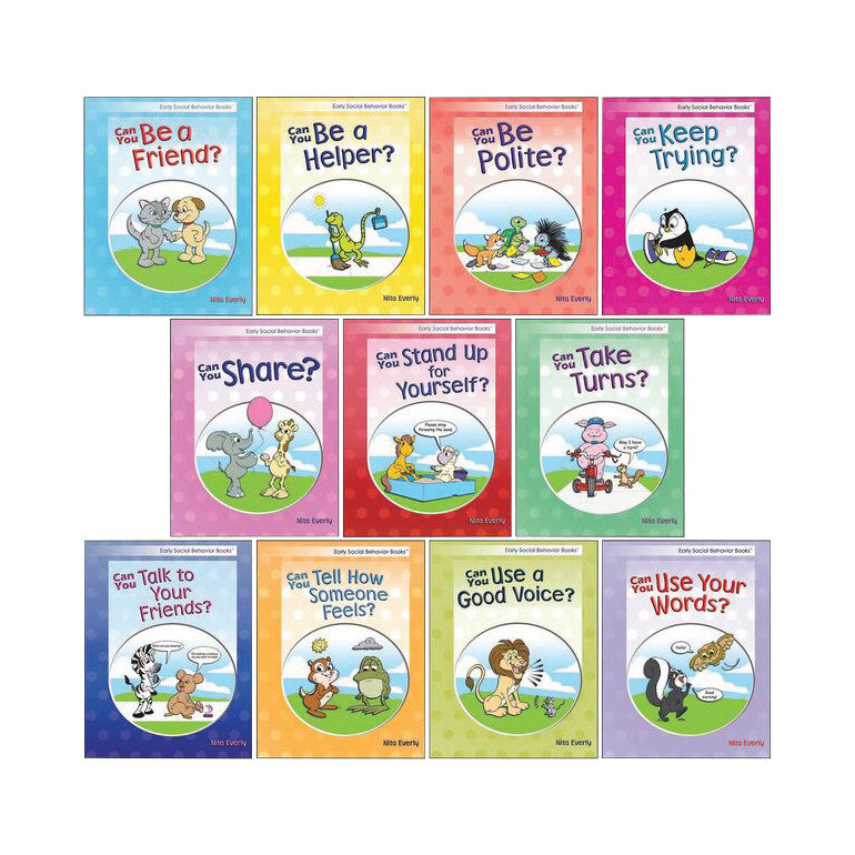 Early Social Behavior 11-Book Set showing colorful covers with various animals and social themes like friendship and politeness.