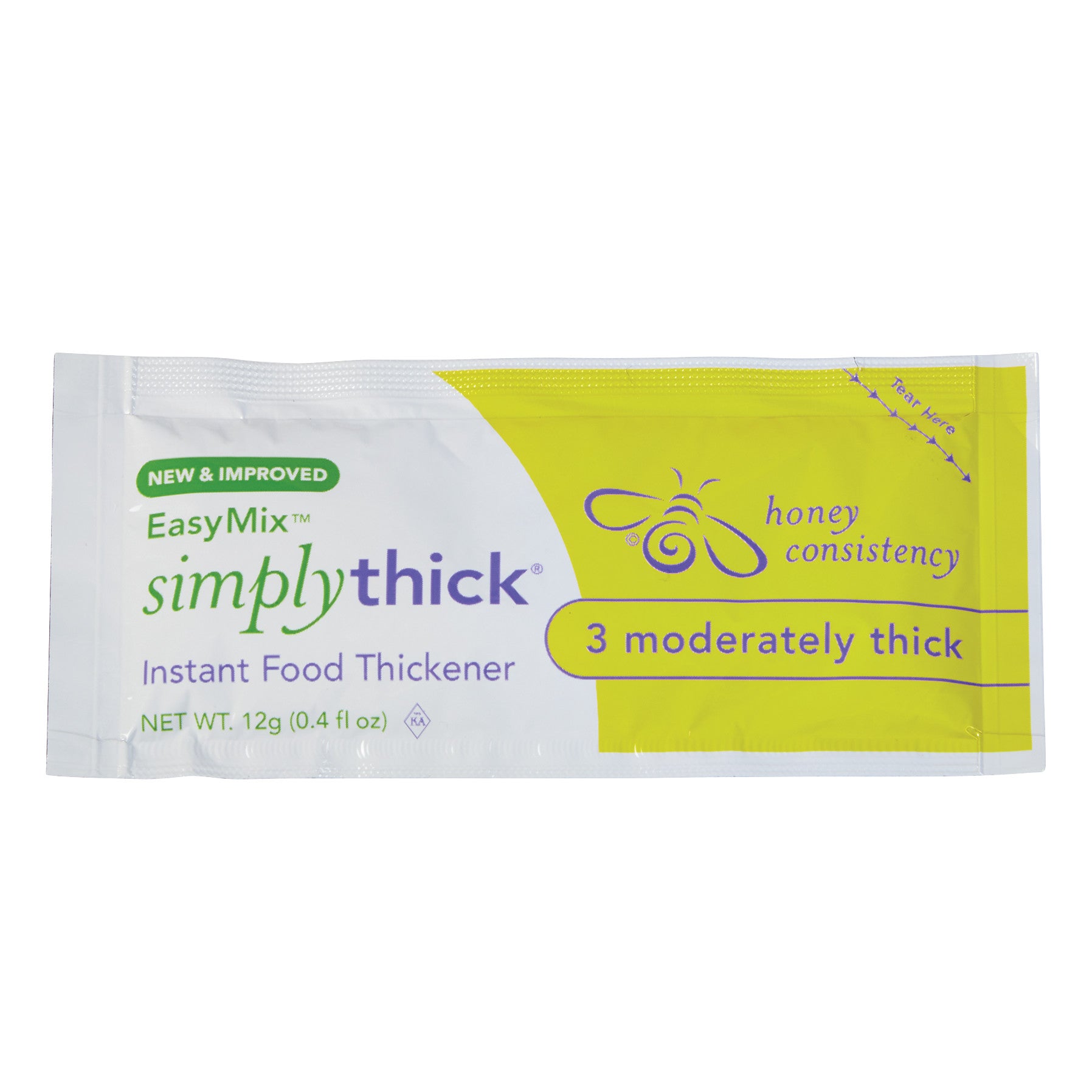 SimplyThick EasyMix Gel Thickener packet, marked as "honey consistency" and "3 moderately thick." Net weight is 12g (0.4 fl oz).