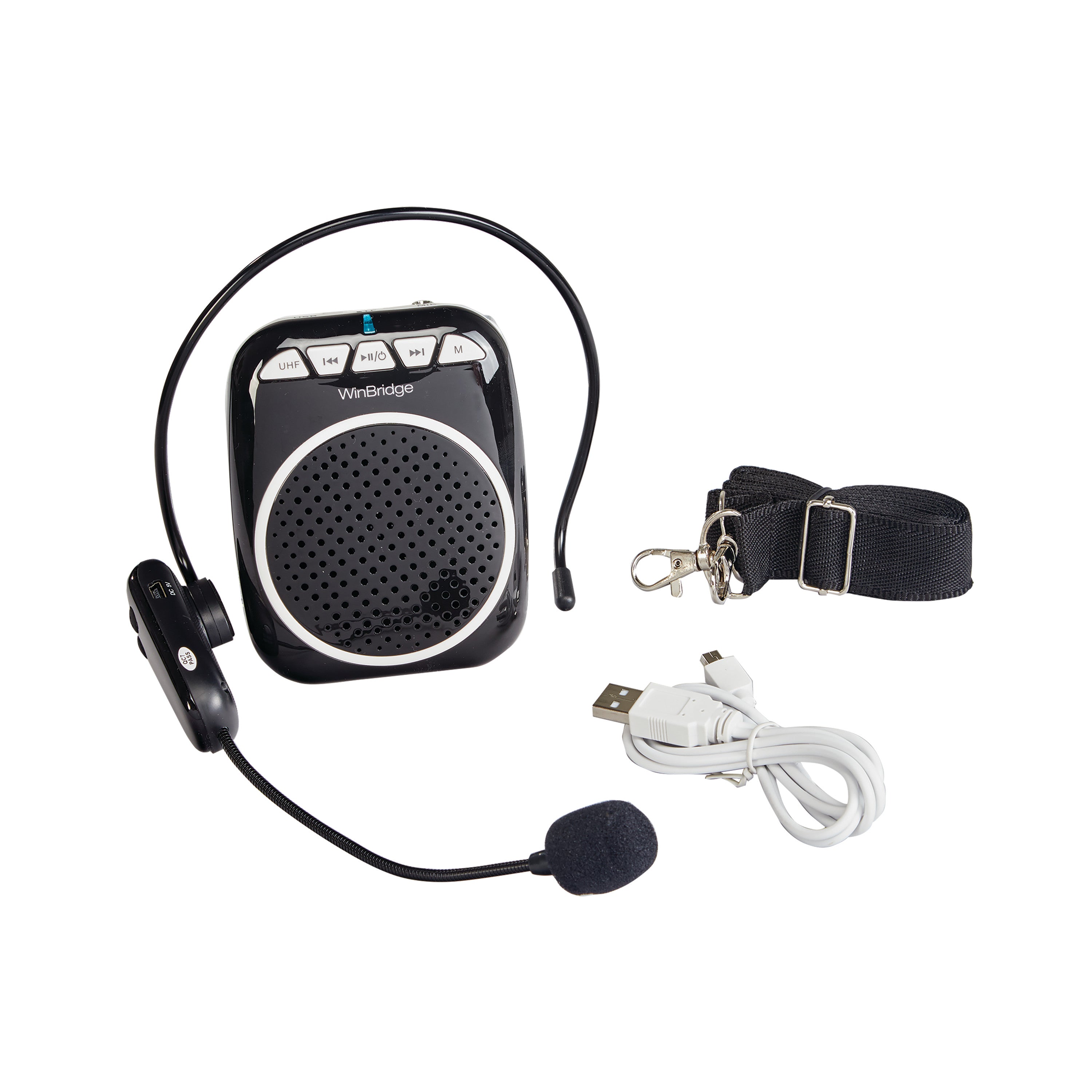 Portable Voice Amplifier with headset microphone, black strap, and white USB cable on a white background.